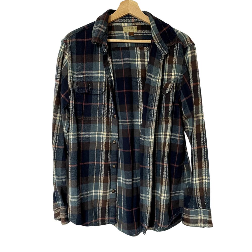 sonoma life & style blue flannel top button down women's size L cotton checkered
